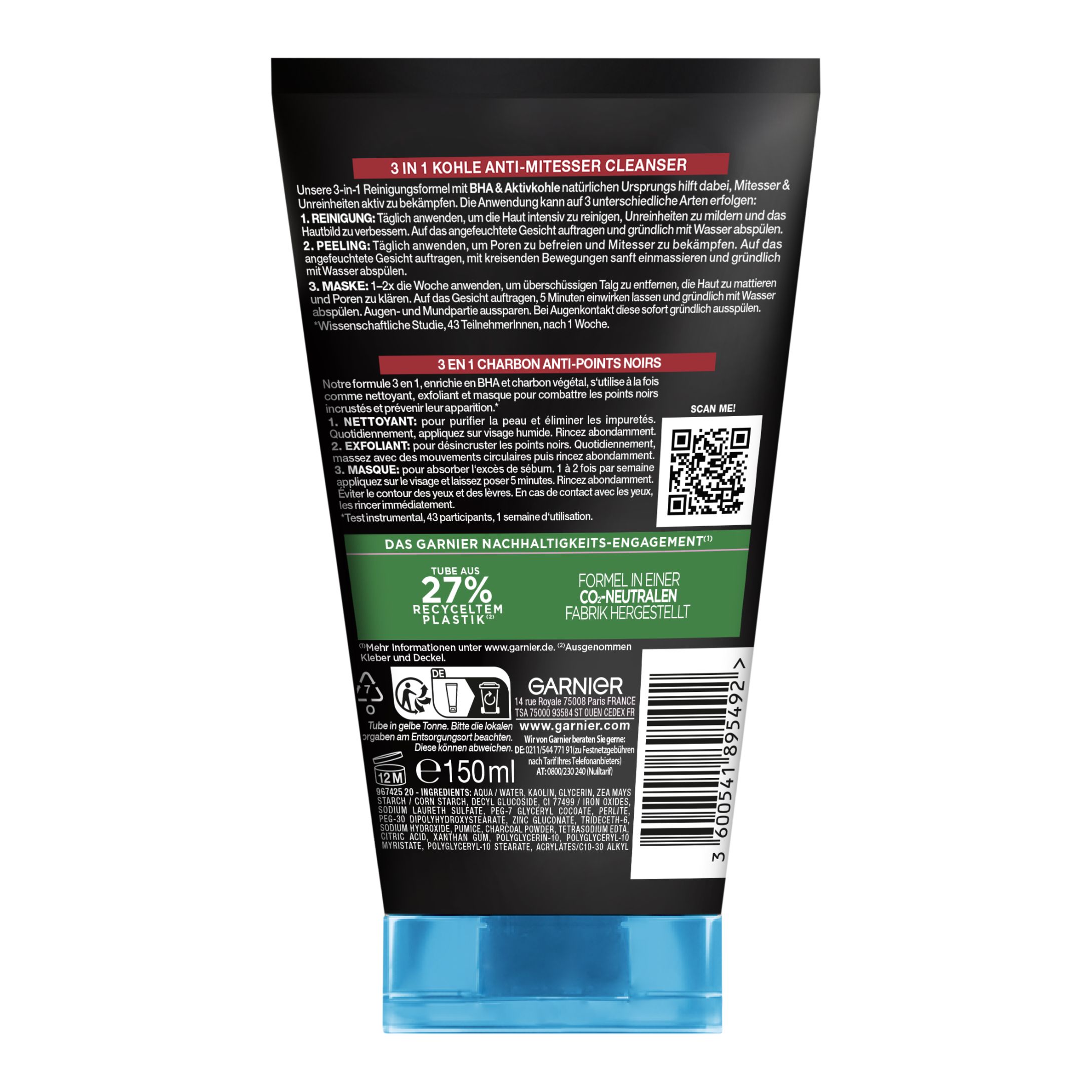 Face Peeling, Mask & Cleanser - Hautklar 3 In 1 Kohle