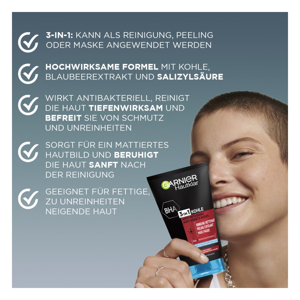 Face Peeling, Mask & Cleanser - Hautklar 3 In 1 Kohle