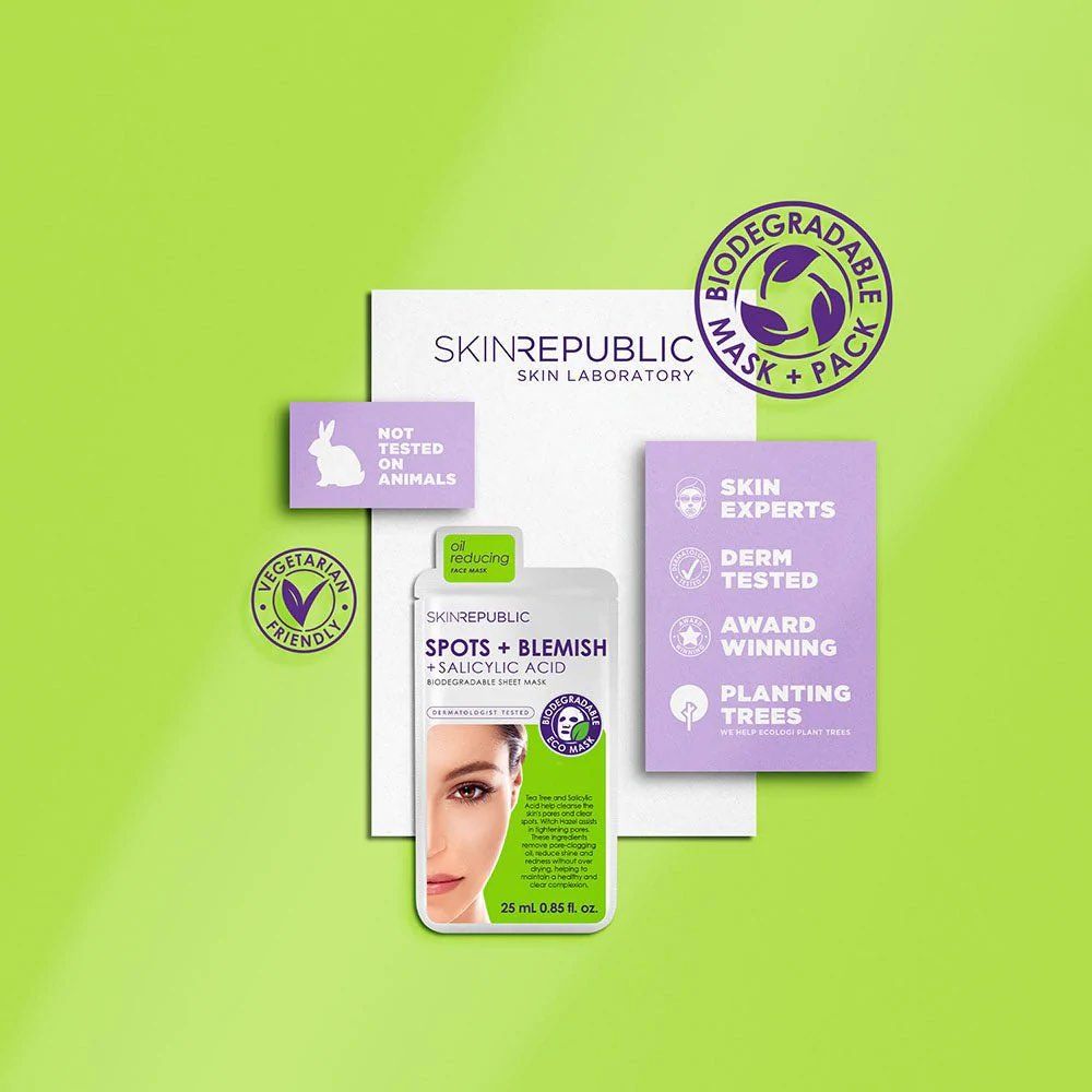 Face Mask - Spots + Blemish - Salicylic Acid Biodegradable Sheet Mask Face Mask - Spots + Blemish - Salicylic Acid Biodegradable Sheet Mask